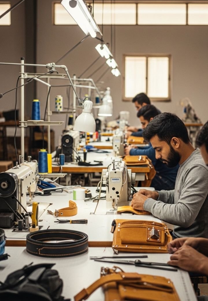 Experienced craftsmen producing tool belts and utility work gear in a professional Sialkot manufacturing unit