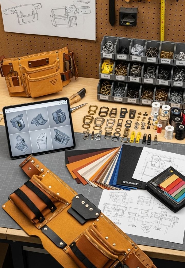 OEM and private label tool belt development in Sialkot Pakistan with product design, sample development, leather tool belts, utility work gear, tool pouches, custom manufacturing, material selection, hardware options, prototype support, and buyer-focused production solutions.