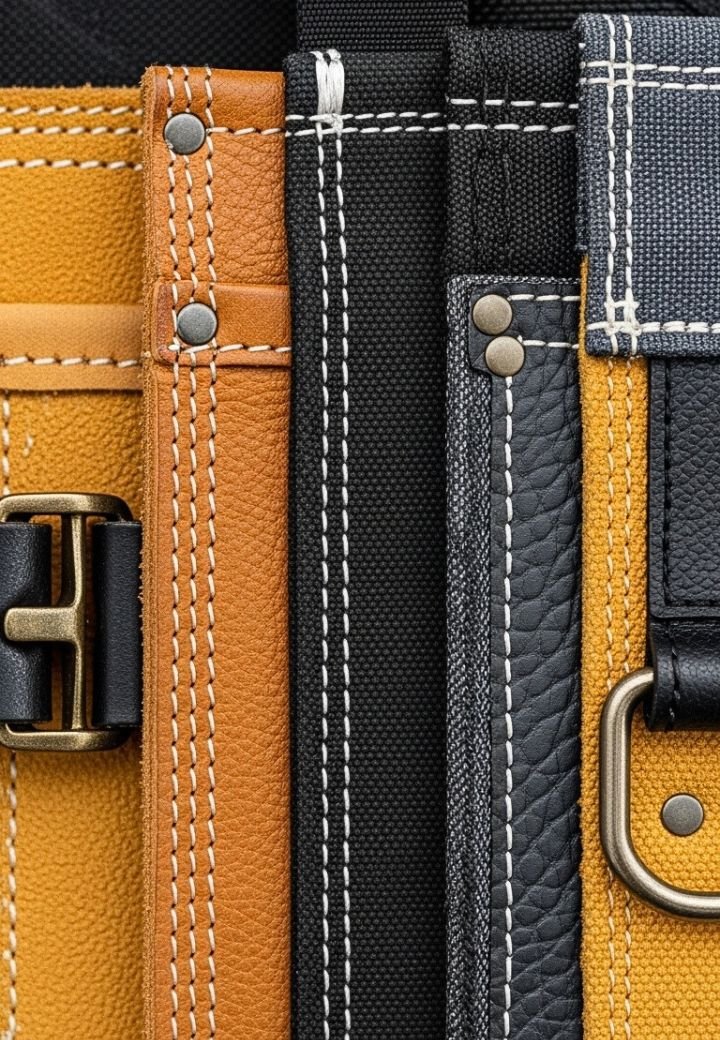 Multi-material tool belt manufacturer in Pakistan working with leather, split leather, suede, canvas, fabric, polyester, reinforced materials, utility work gear, tool pouches, custom belts, OEM production, and private label manufacturing for trade buyers.